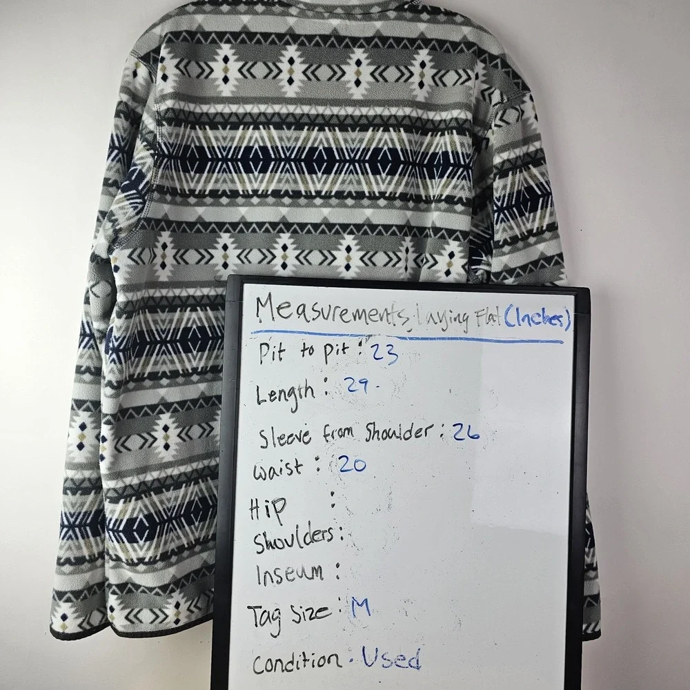 Eddie Bauer‎ Mens M Pullover Fleece Aztec White Blue Gray Crew Neck Soft LS Warm
